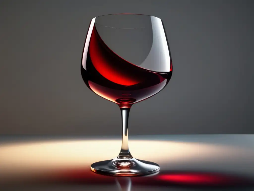 Cata vinos sin alcohol: copa elegante, vino rojo intenso, juego de sombras y luces, condensación fresca