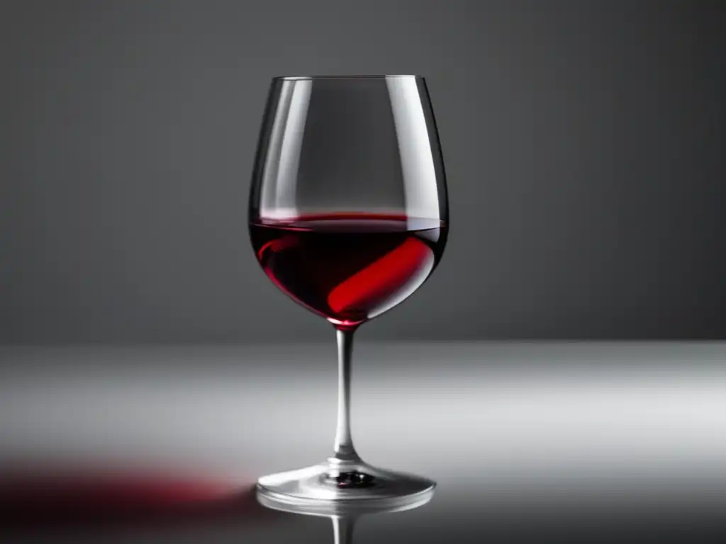 Cata vinos sin alcohol: copa elegante con líquido rojo vibrante en superficie blanca