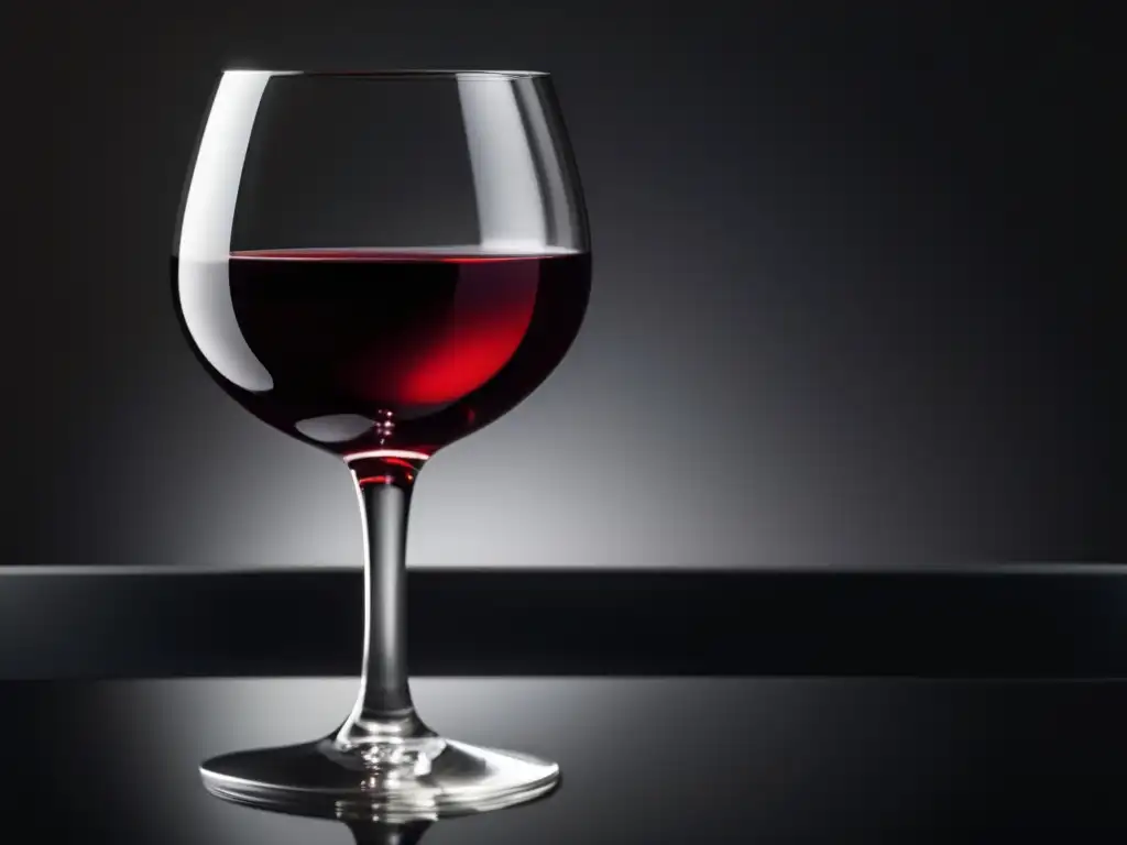 Cata de vinos en Europa: Imagen minimalista de una copa de vino tinto, con un intenso color rubí, sobre una superficie negra