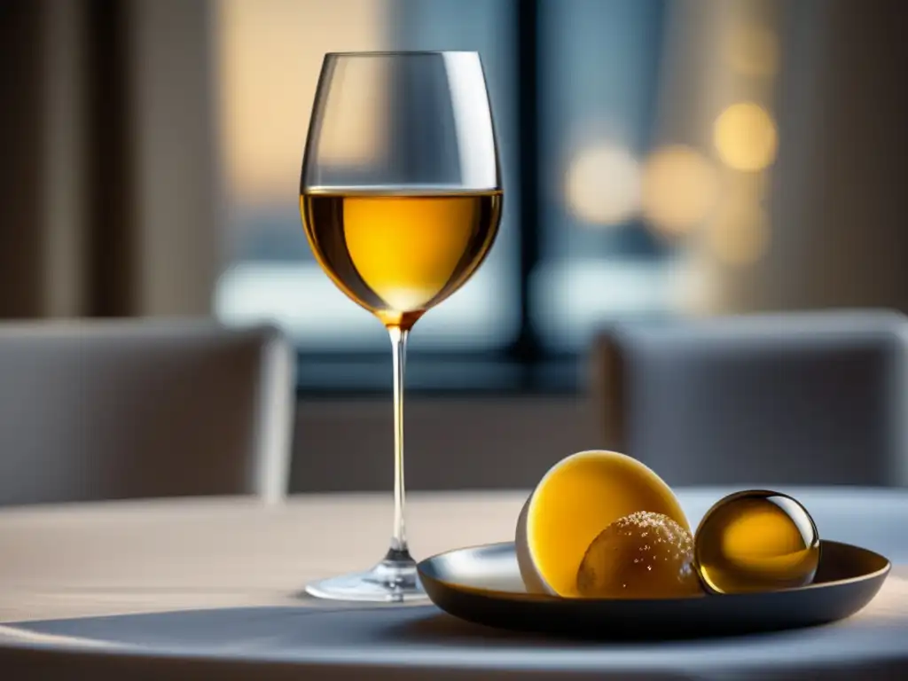 Cata vinos postre: Dulzura equilibrio, vino dorado en copa elegante sobre mesa minimalista