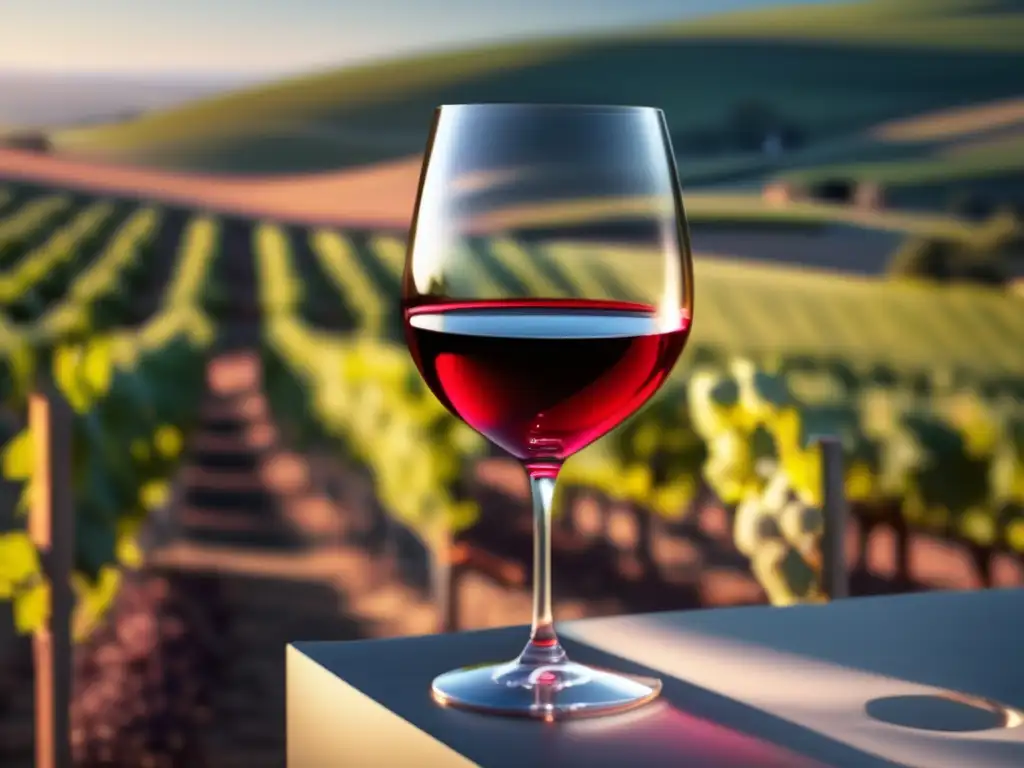 Cata virtual para mercados jóvenes: imagen 8k detallada de una copa minimalista llena de vino rojo en un viñedo digital