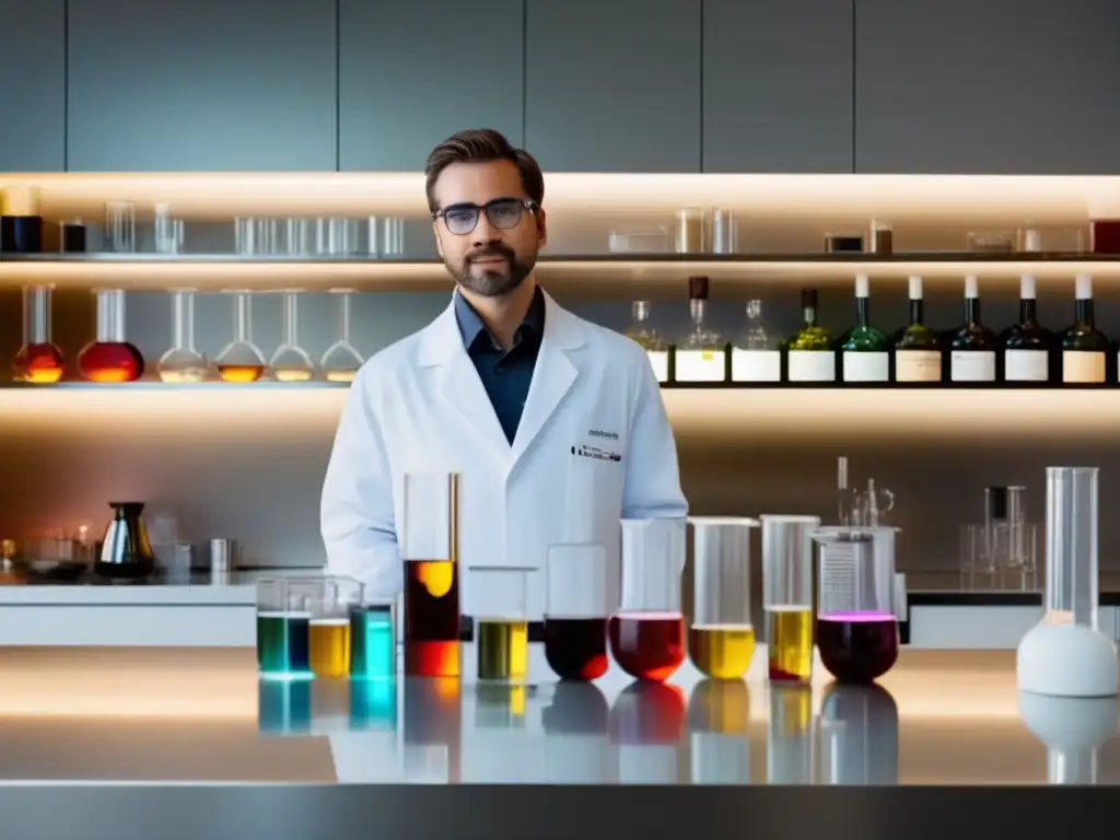 Catador profesional enología química: imagen minimalista de un laboratorio blanco con un mostrador de acero inoxidable