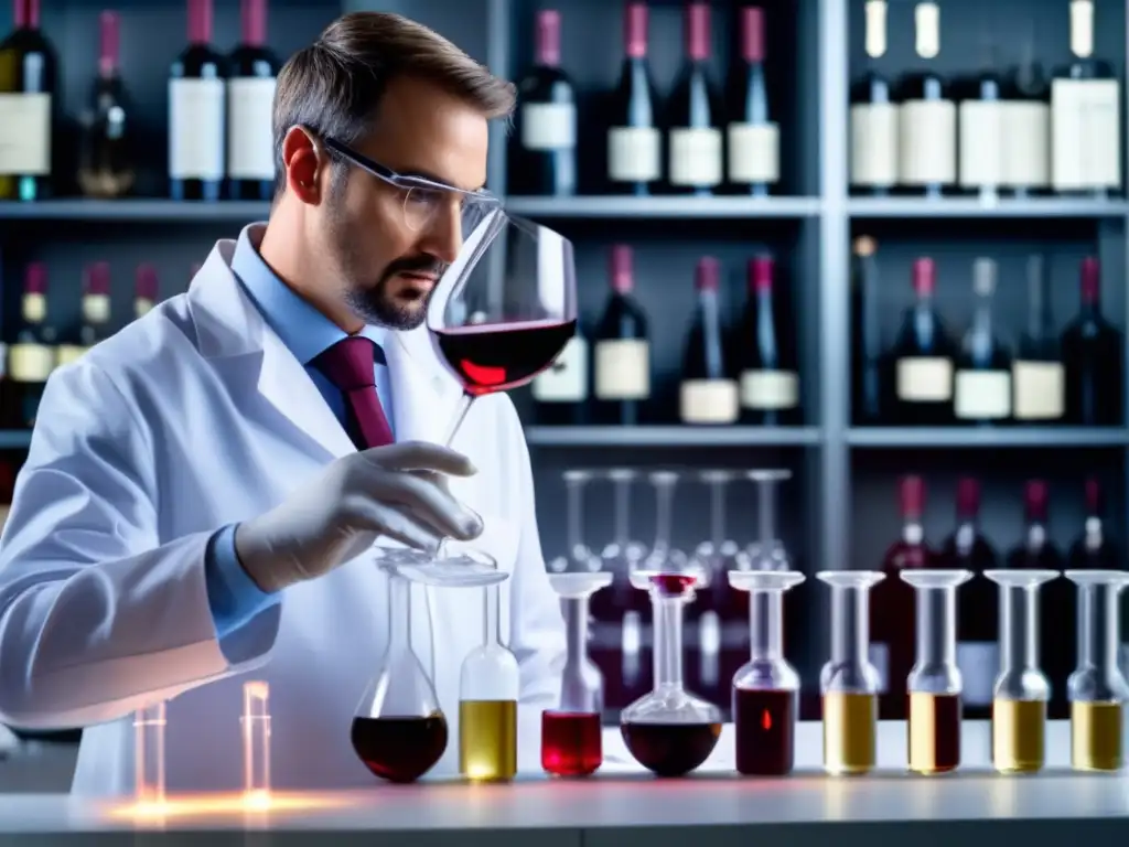 Catador profesional enología química, laboratorio moderno con instrumentos científicos y vino rojo intenso