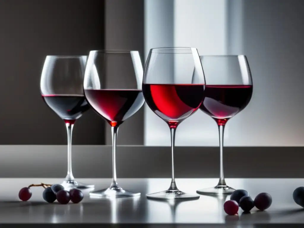 Catadores expertos vino complejidad - Copas de vino rojo con etiquetas de nombres, iluminación suave