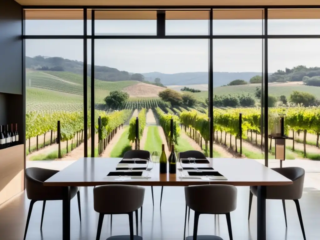 Catadores de vinos regionales destacados en una elegante sala de degustación con vista a un viñedo