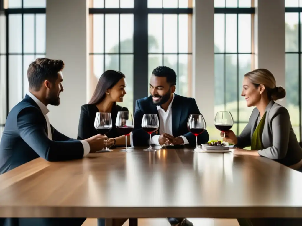 Catadores de vinos regionales destacados en mesa de madera, con copas y blocs de notas, rodeados de botellas y luz natural