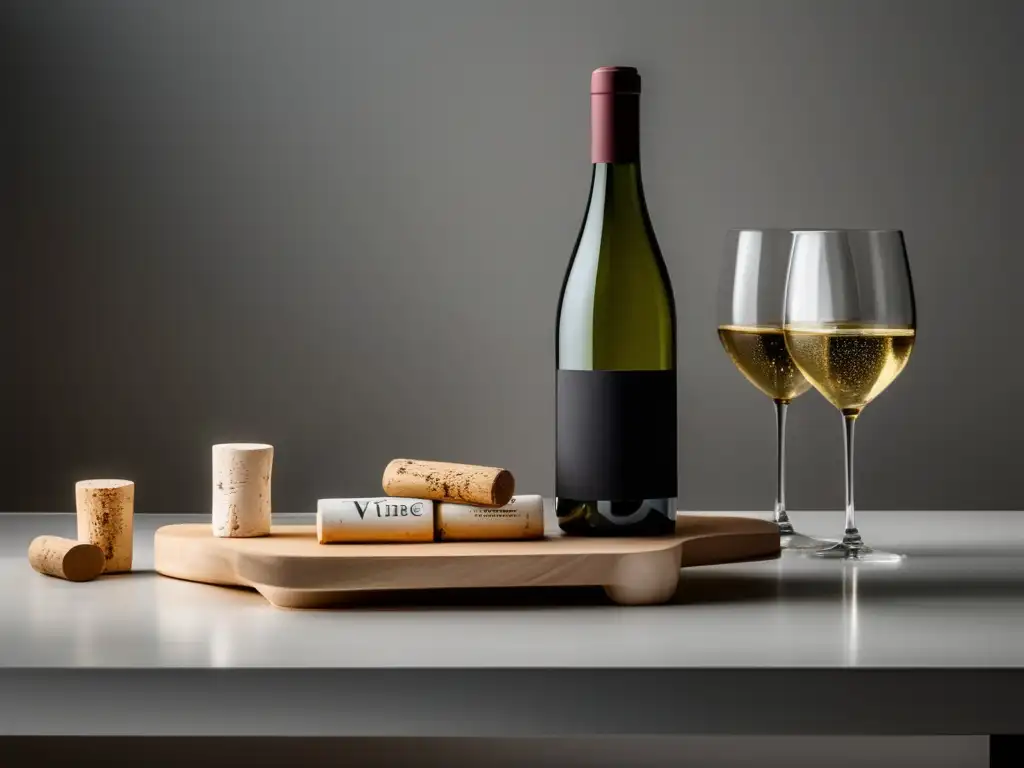 Catas de vino orgánico en mesa minimalista con elegante soporte de madera y cristalería brillante reflejando la luz ambiente