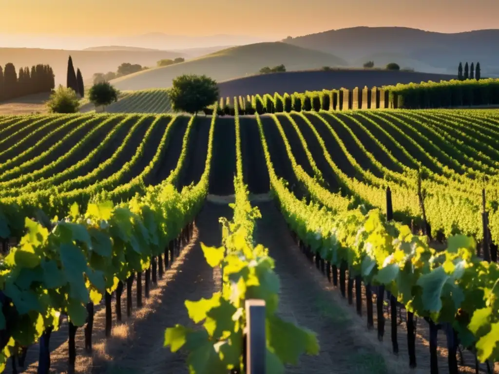 Catas de vino orgánico en viñedo al atardecer, con filas de uvas verdes y luz dorada filtrándose entre hojas