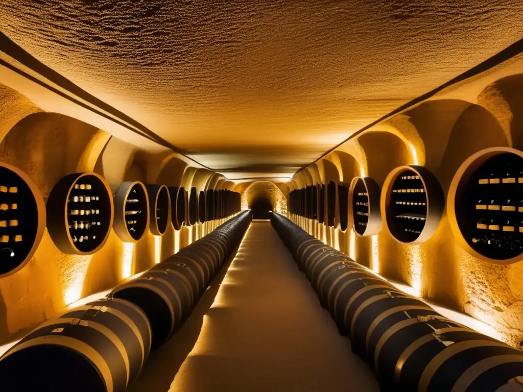 Caves de Reims: Experiencia enológica exclusiva, bodega subterránea iluminada con elegancia y meticulosamente organizada