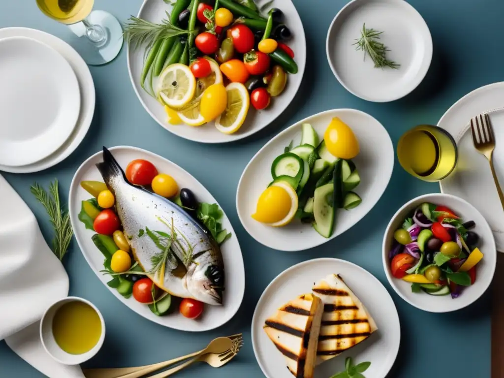 Cena mediterránea con ensalada, pescado, vino y elegante mesa - Vinos para dieta mediterránea perfecta