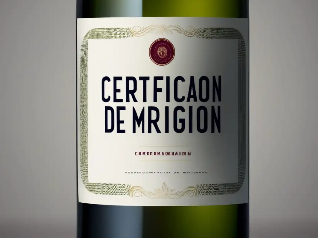 Certificación de origen vino - Elegante imagen minimalista de una botella de vino con etiqueta y patrón de viñedos