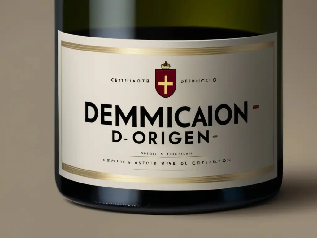 Certificación de origen vino: botella minimalista con etiqueta y sello de denominación de origen