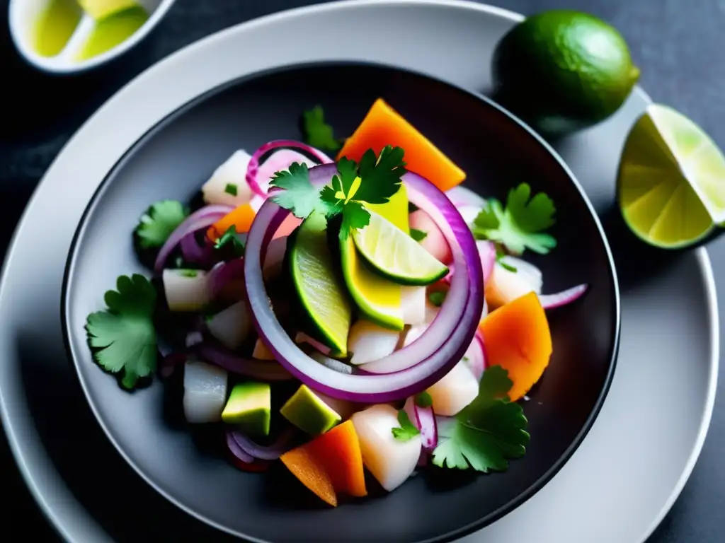 Ceviche peruano: plato vibrante y fresco con pescado, limón, cebolla roja, cilantro y aguacate