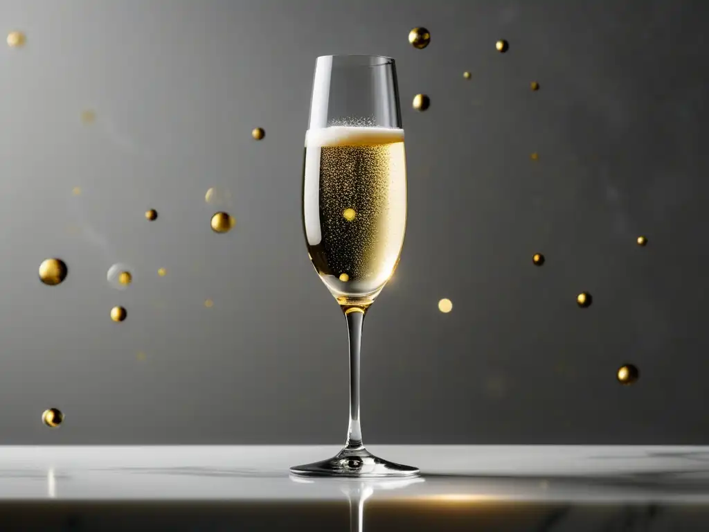 Elegancia del champagne en copa Champagne para alta cocina: copa de champagne con burbujas doradas y elegante reflejo de luz, sobre base de mármol blanco
