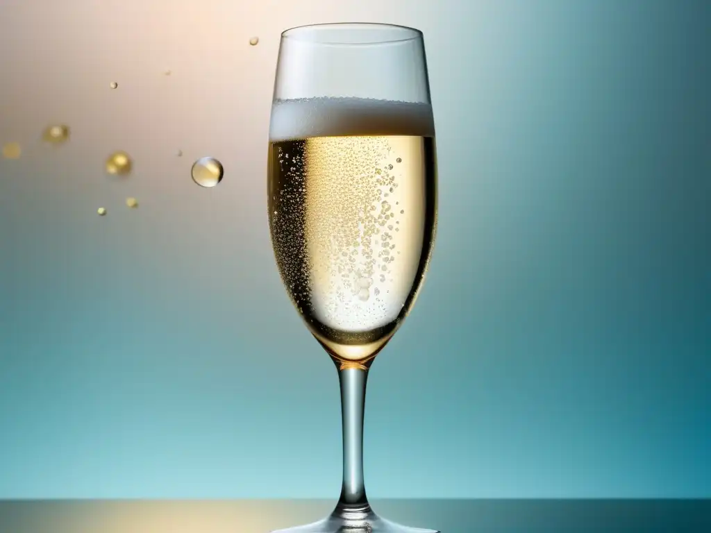 Champagne artesanal de lujo: copa de cristal con burbujas doradas