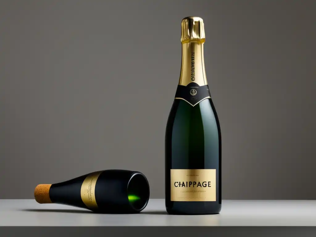 Champagne minimalista con etiqueta negra mate y corcho dorado envuelto en papel de aluminio