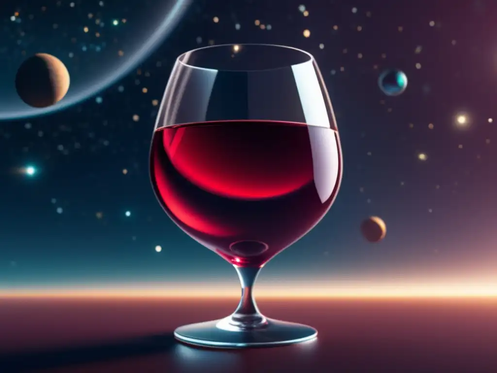 Vino en la ciencia ficción: simbolismo y presencia - Un vaso de vino futurista flotando en el espacio, elegante y misterioso