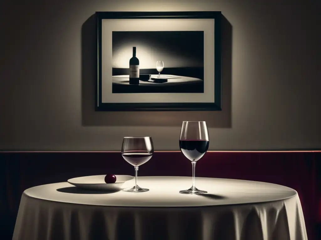 Vino en el cine noir: una habitación minimalista con mesa, copa de vino y posters en blanco y negro