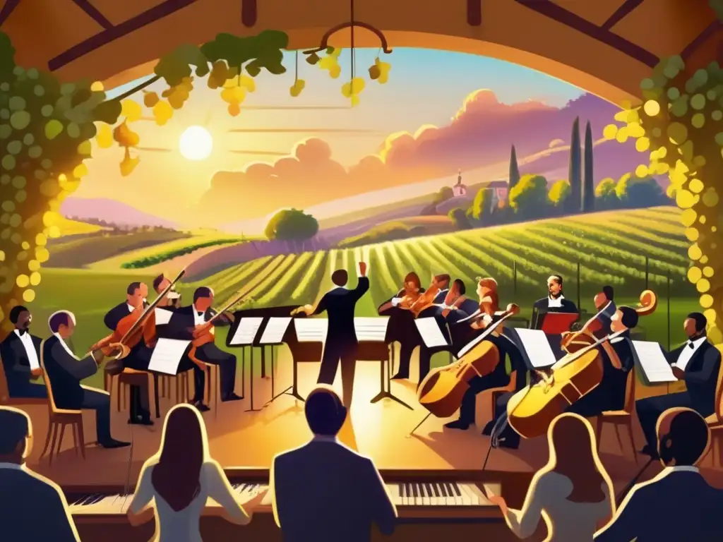 Música clásica inspirada en vinos - Orquesta sinfónica en escenario iluminado, conductor con batuta y músicos apasionados