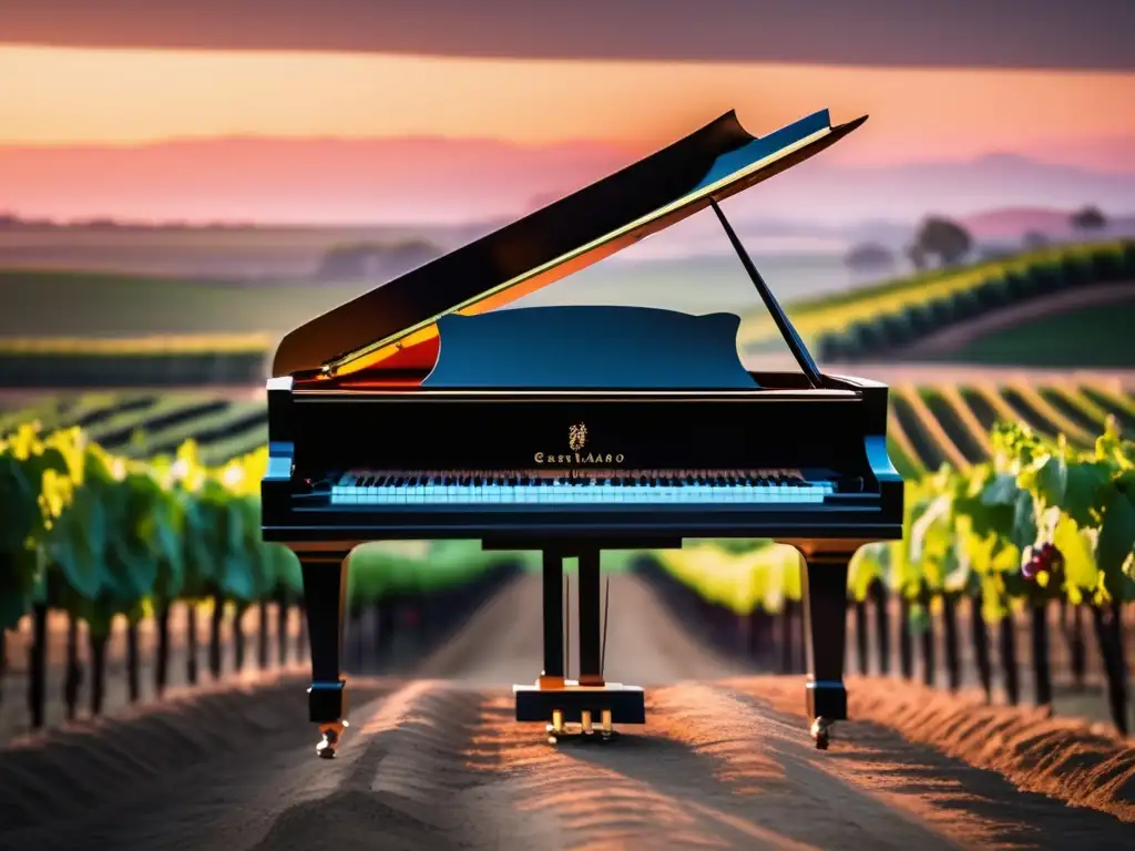 Música clásica inspirada en vinos, piano negro en viñedo al atardecer