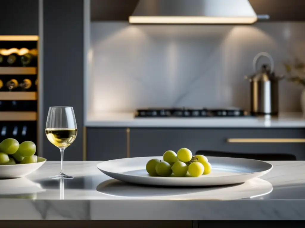 Colaboraciones Bodegas Cocinas Prestigiosas - Escena minimalista de cocina con bodega prestigiosa al fondo, destacando plato gourmet y diseño moderno