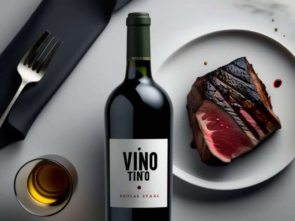 Combinaciones vino carnes rojas deliciosas - Imagen de botella de vino tinto y jugoso filete perfectamente cocido