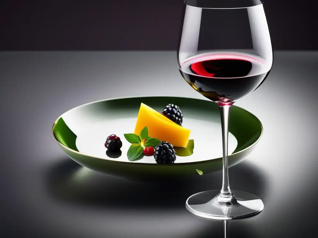 Combinaciones gourmet vinos alta cocina - Plato exquisito y elegante acompañado de vino de lujo, resaltando la artesanía y precisión de la alta cocina