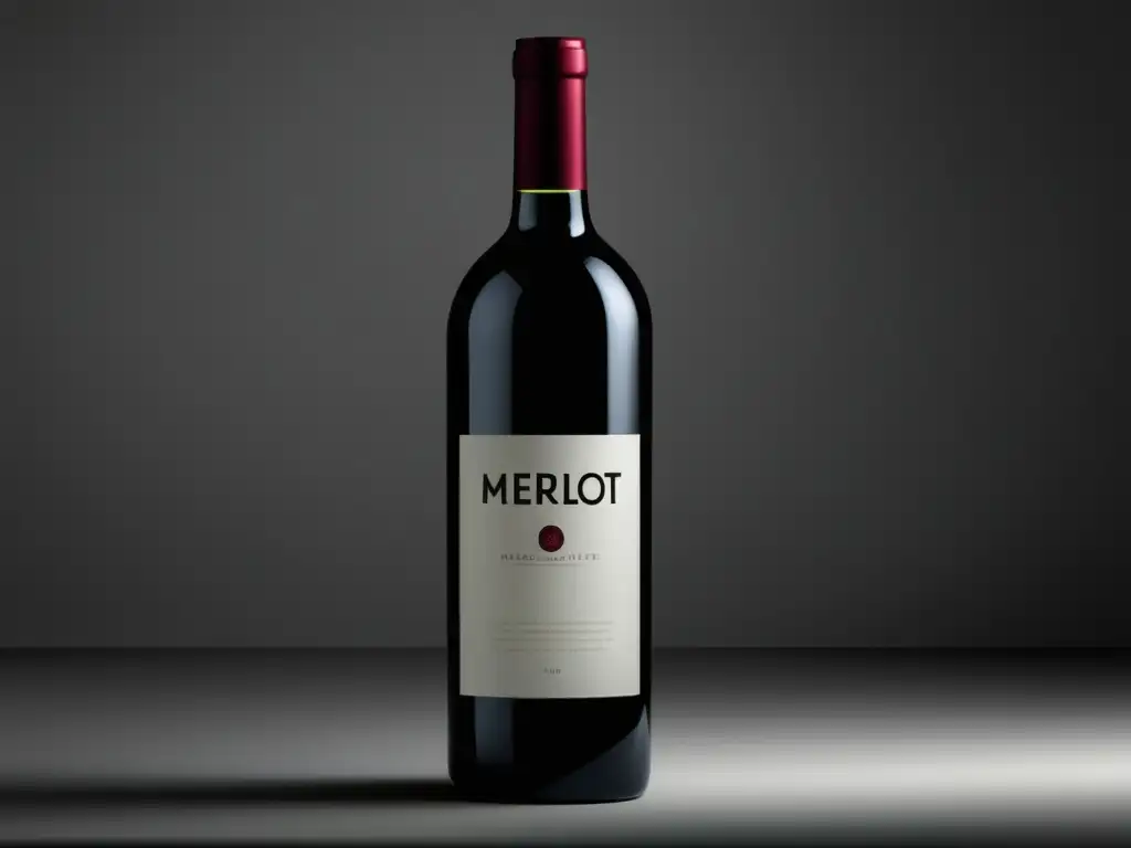 Combinaciones de vino Merlot y pasta italiana: imagen minimalista de una elegante botella de vino negro Merlot en una superficie blanca