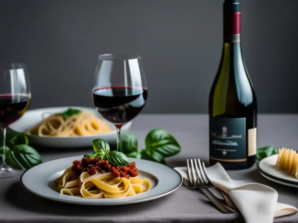 Combinaciones de vino Merlot y pasta italiana - Mesa elegante con plato de pasta boloñesa y vino Merlot