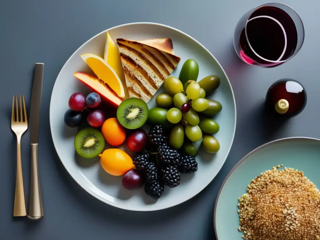 Combinaciones de vino y dieta Pegan con alimentos frescos y equilibrados