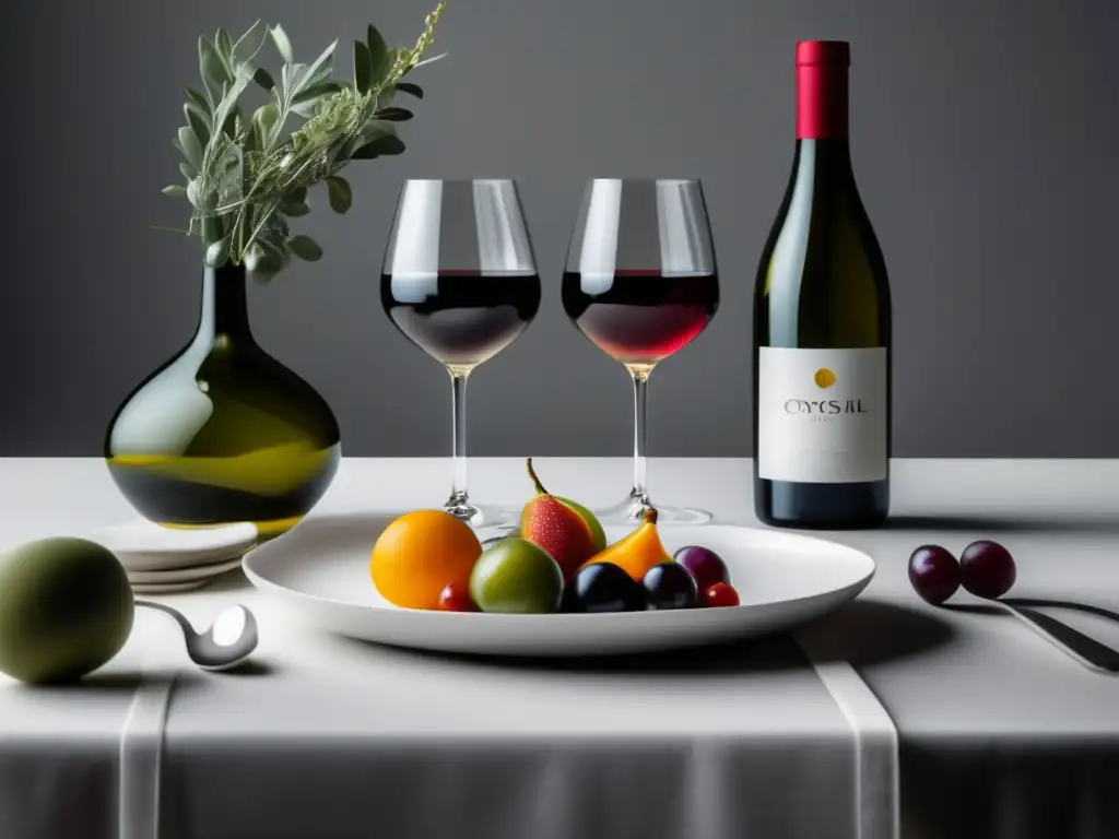 Combinaciones de vino y dieta Pegan: escena minimalista de mesa blanca con vino, comida saludable, frutas, verduras y aceite de oliva