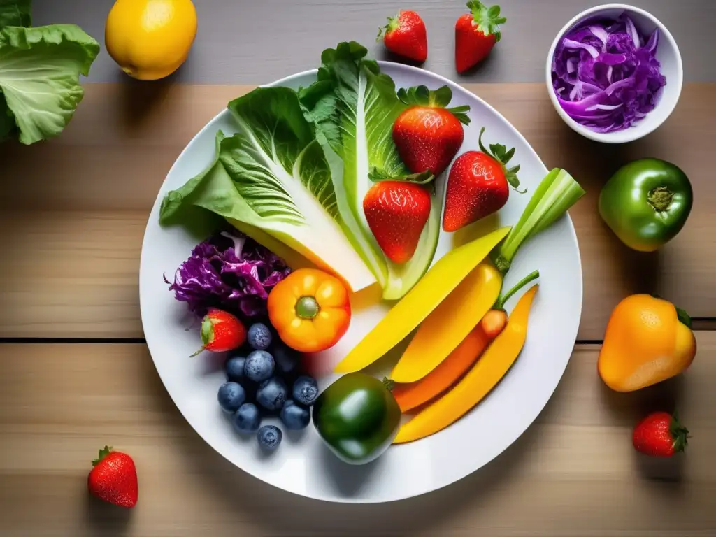 Combinaciones de vino y dieta Pegan con variedad de frutas y verduras frescas en una elegante presentación