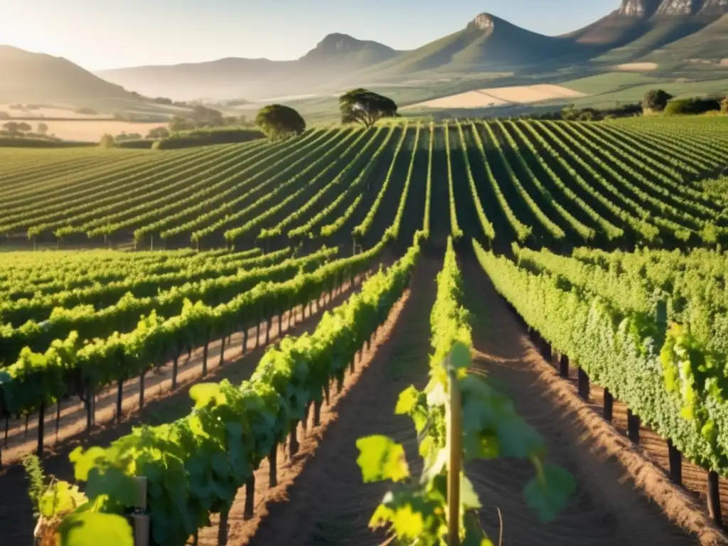 Comercio Justo Vino Africano: Una imagen detallada de una viña en Sudáfrica, con filas de plantas verdes que se extienden hacia el horizonte