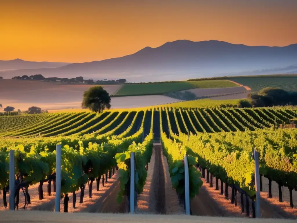 Comercio Justo Vino Africano - Puesta de sol dorada sobre un paisaje africano sereno con viñedos y uvas maduras