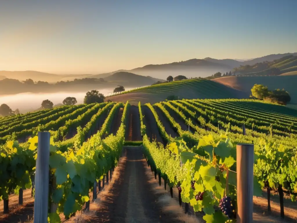 Comparativa terroirs Napa Valley vs Sonoma: Imagen 8k detallada de colinas ondulantes, viñedos cubiertos de niebla y un vaso de vino