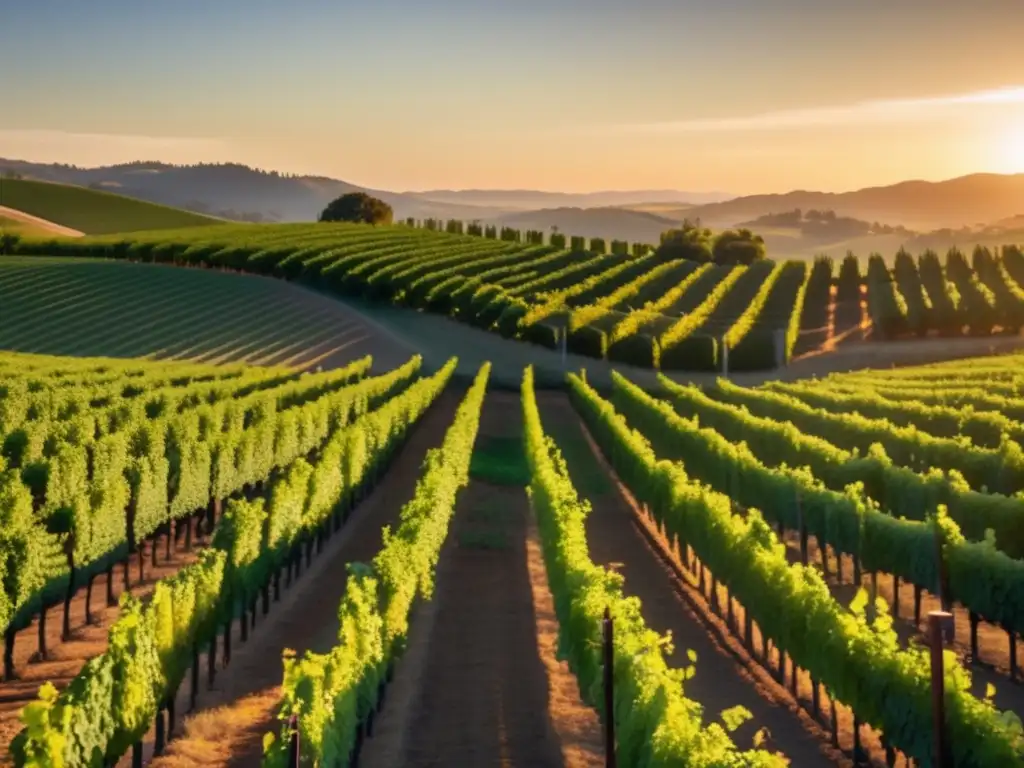 Comparativa terroirs Napa Valley vs Sonoma: Viñedo en Napa Valley al atardecer, con colinas verdes cubiertas de vides y una bodega minimalista