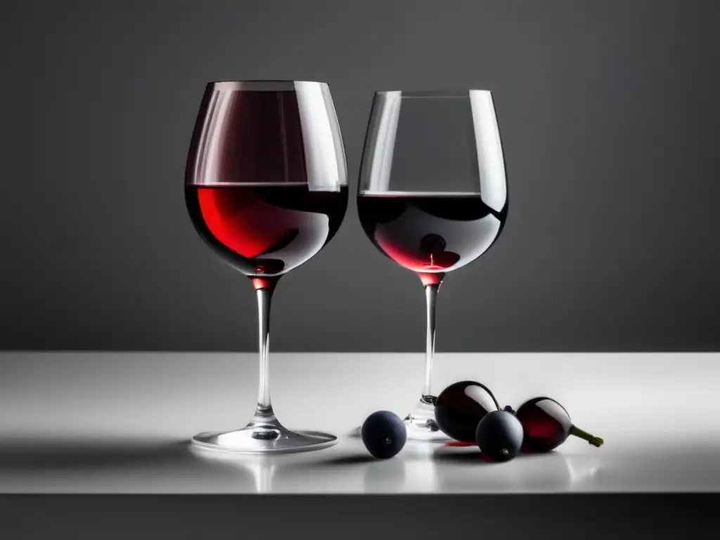 Comparativa vinos sin alcohol vs tradicionales: dos copas, una con vino tinto tradicional y otra con vino tinto sin alcohol, sobre superficie blanca iluminada suavemente