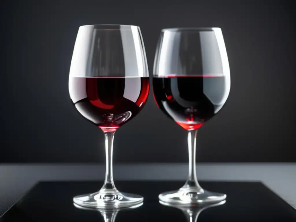 Comparativa vinos sin alcohol vs tradicionales: copa de vino tinto y blanco en superficie negra elegante