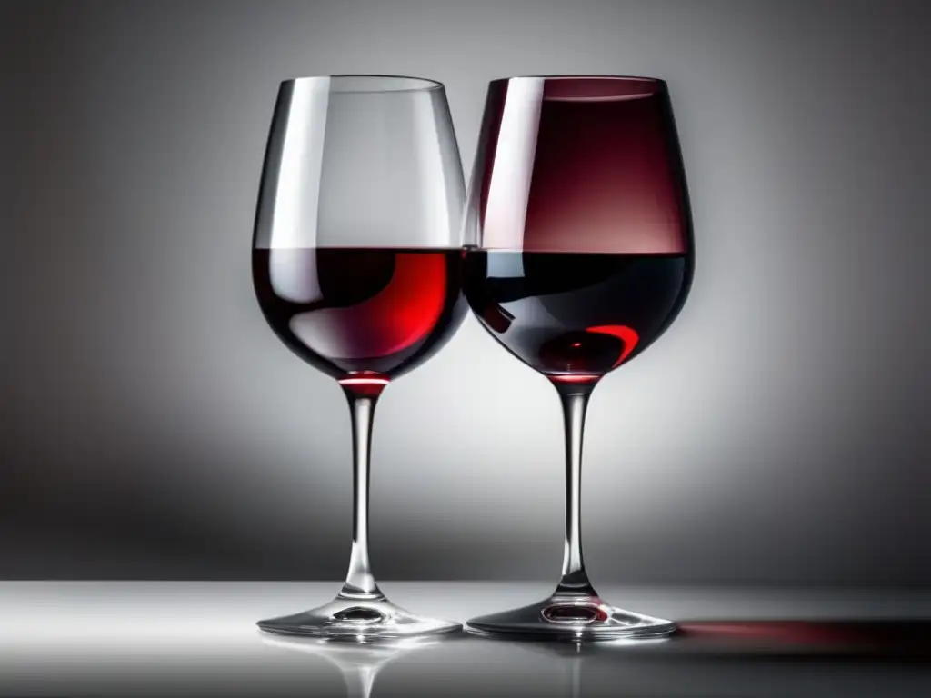 Comparativa vinos sin alcohol vs tradicionales: dos copas de vino lado a lado, una con vino tinto tradicional y otra con vino tinto sin alcohol