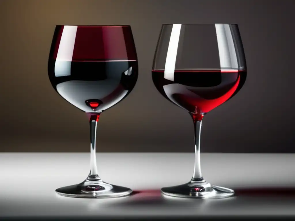 Comparativa vinos veganos tradicionales: copa moderna y clásica con vinos rojo vibrante y dorado rico