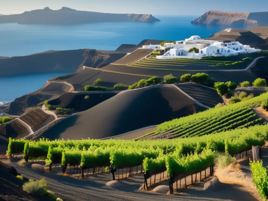 Guía completa del vino Assyrtiko de Santorini, paisaje hipnotizante de viñedos, terroir único, suelo volcánico y elegancia minimalista