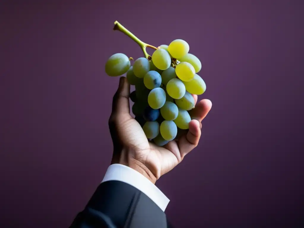 Un conductor de orquesta sostiene uvas, simbolizando el paralelismo entre la crianza del vino y la música