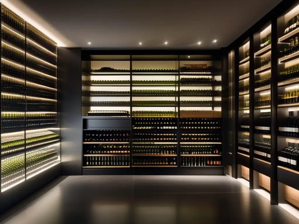 Consejos para guardar vino: una bodega minimalista con botellas de vino organizadas y bien iluminadas