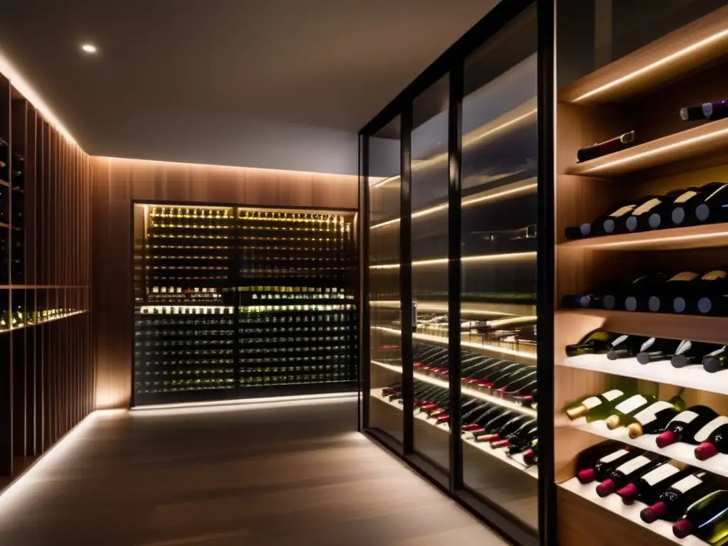 Consejos para guardar vino: Bodega minimalista, elegante y organizada, con iluminación ambiental y control de temperatura