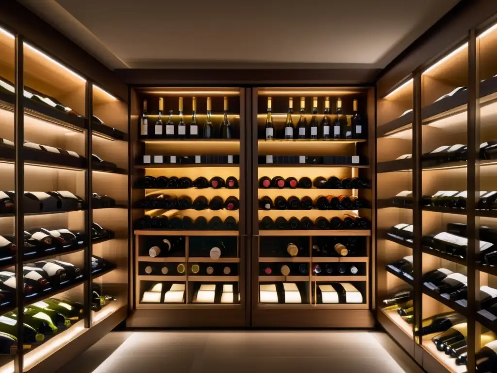 Consejos para guardar vino: Bodega minimalista, ordenada y bien iluminada con botellas de vino organizadas y etiquetas visibles