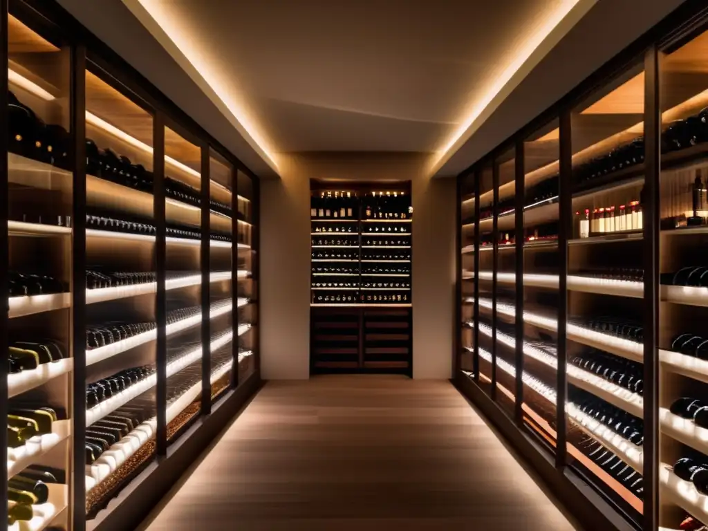 Consejos para guardar vino: Bodega minimalista con vinos organizados y elegantes, iluminada suavemente, resaltando su belleza y sofisticación