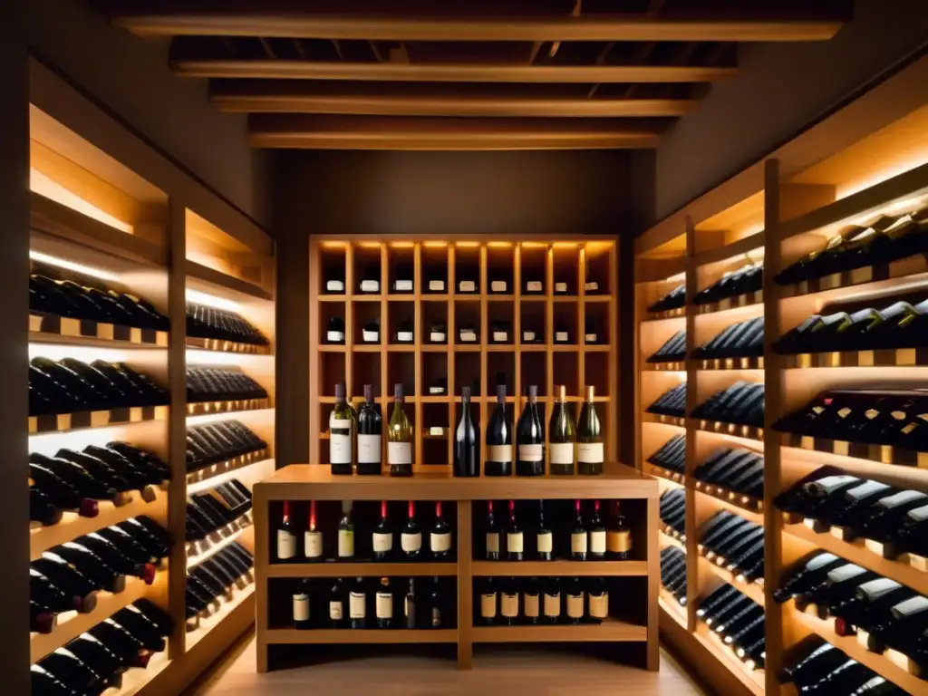 Consejos para invertir en vinos europeos: bodega elegante con botellas de vino en estantes de madera