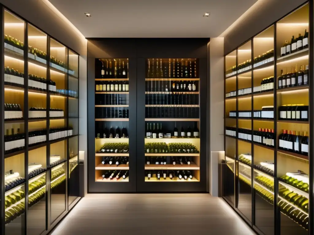 Consejos para invertir en vinos europeos: Elegante bodega minimalista de vinos europeos en ambiente sereno y sofisticado