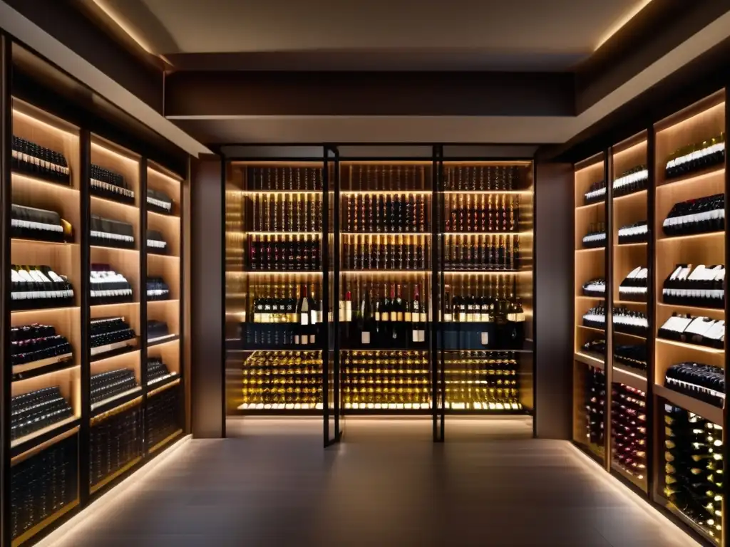 Consejos para invertir en vinos europeos: una elegante bodega minimalista con paredes de vidrio y una impresionante colección de vinos