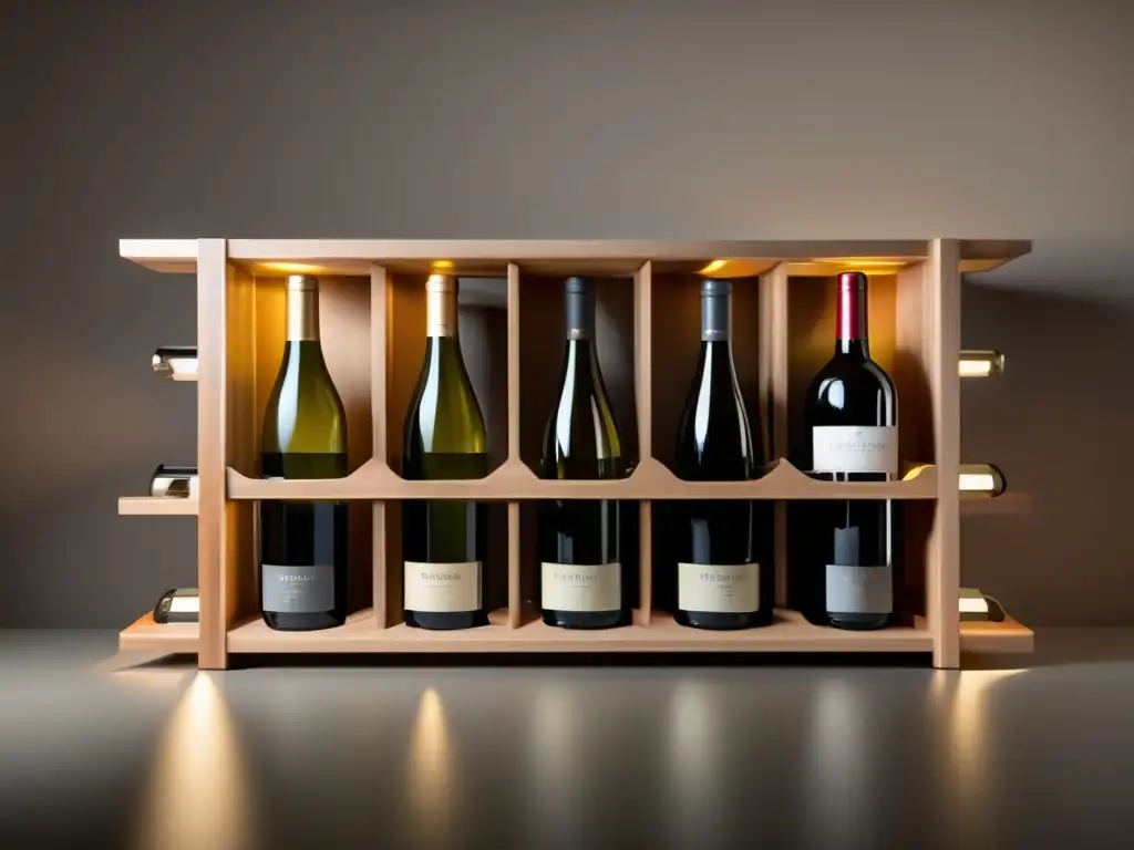 Consejos para invertir en vinos europeos: Elegante diseño de estantería de madera llena de botellas de vino europeo cuidadosamente etiquetadas